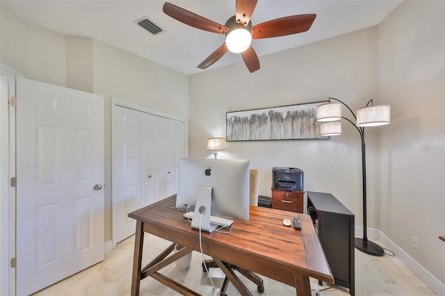 office space with baseboards, visible vents, and a ceiling fan