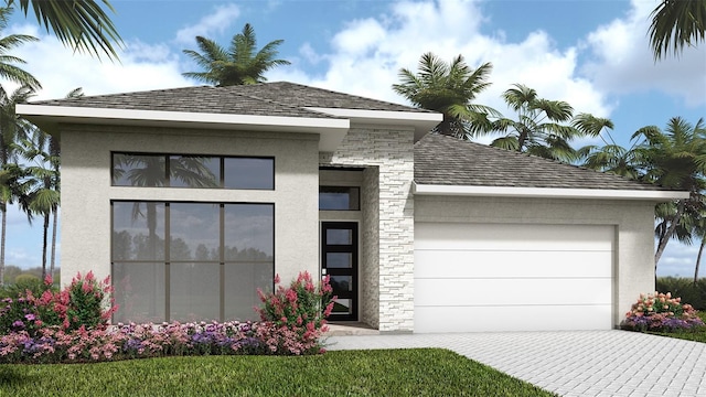 view of front of home featuring an attached garage, stone siding, decorative driveway, and stucco siding