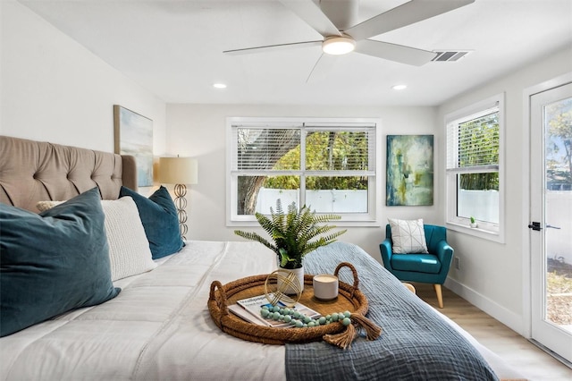 bedroom featuring baseboards, recessed lighting, visible vents, and light wood-style floors