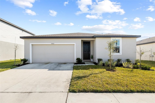 ranch-style house with concrete driveway, stucco siding, an attached garage, and a front yard