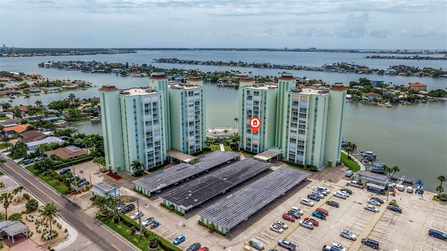 aerial view with a water view and a city view