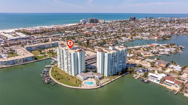 aerial view with a water view and a city view