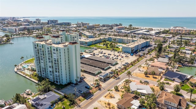 bird's eye view featuring a water view and a view of city