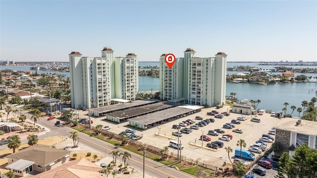 drone / aerial view with a water view and a view of city