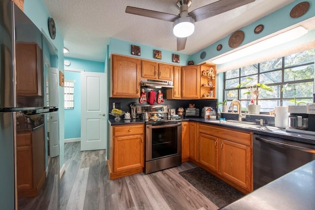 kitchen with light wood-style flooring, under cabinet range hood, a sink, stainless steel electric range, and dishwasher