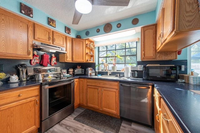 kitchen with dark countertops, under cabinet range hood, stainless steel appliances, and a sink