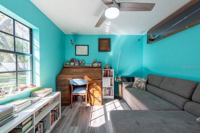 living area featuring ceiling fan, wood finished floors, and a wealth of natural light