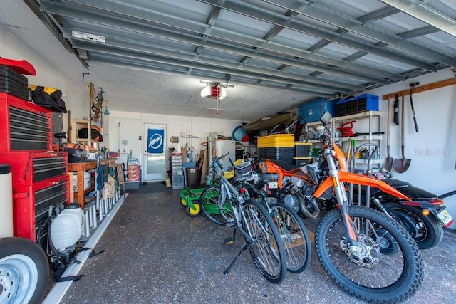 garage featuring a workshop area and a garage door opener