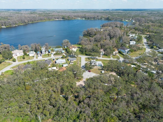 birds eye view of property featuring a water view and a view of trees