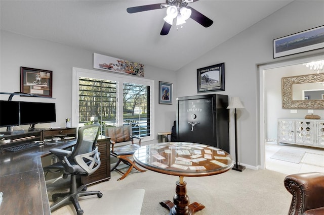 home office with carpet, baseboards, vaulted ceiling, and a ceiling fan