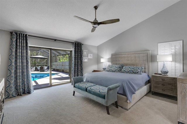 bedroom with access to outside, light colored carpet, lofted ceiling, and a textured ceiling