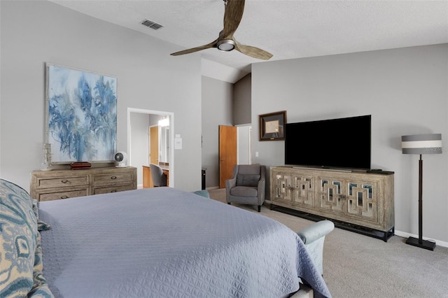 bedroom featuring a ceiling fan, visible vents, vaulted ceiling, baseboards, and carpet