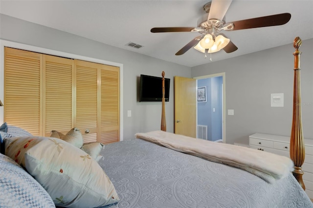 bedroom featuring a closet, visible vents, and ceiling fan