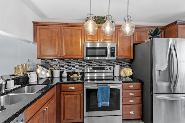 kitchen featuring appliances with stainless steel finishes, brown cabinets, and decorative backsplash