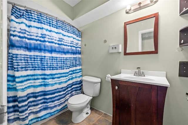 full bathroom with toilet, a shower with shower curtain, tile patterned flooring, and vanity