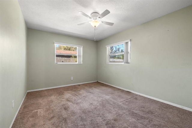 carpeted empty room with plenty of natural light, baseboards, and a textured ceiling