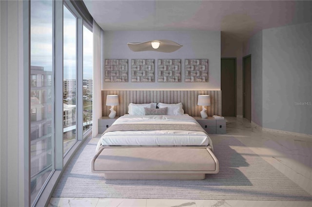 bedroom featuring a wall of windows and marble finish floor