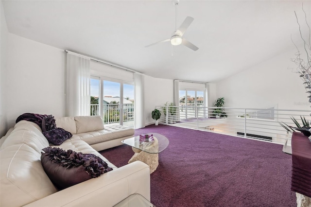17404 1st St E, Redington Shores, FL 33708 - carpeted living area featuring ceiling fan and vaulted ceiling