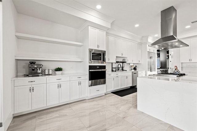 kitchen featuring island exhaust hood, stainless steel appliances, open shelves, and white cabinetry