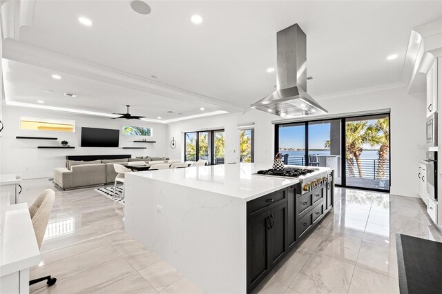 kitchen with ornamental molding, island exhaust hood, dark cabinetry, stainless steel gas stovetop, and plenty of natural light