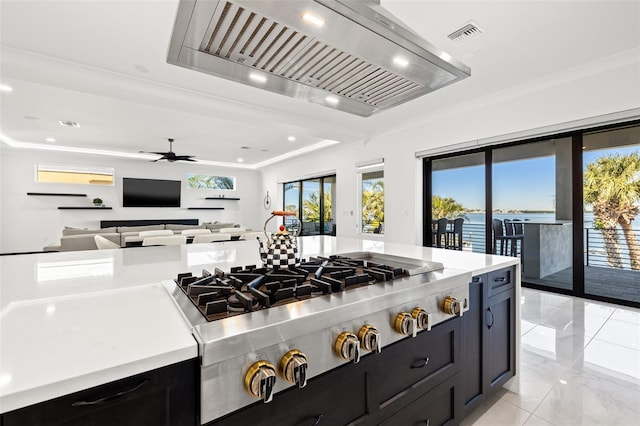 kitchen featuring light countertops, stainless steel gas stovetop, visible vents, and premium range hood