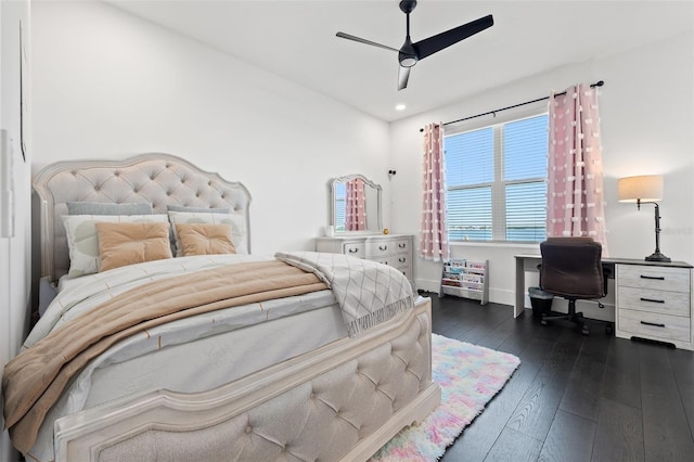 bedroom featuring a ceiling fan, recessed lighting, dark wood-style floors, and baseboards