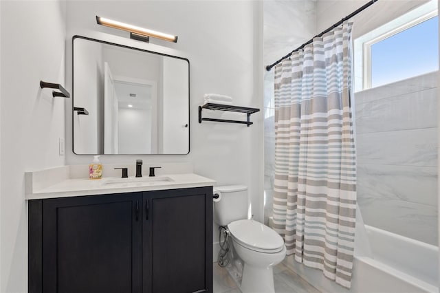 full bath with shower / bathtub combination with curtain, toilet, and vanity