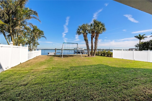 view of yard with a water view and a fenced backyard