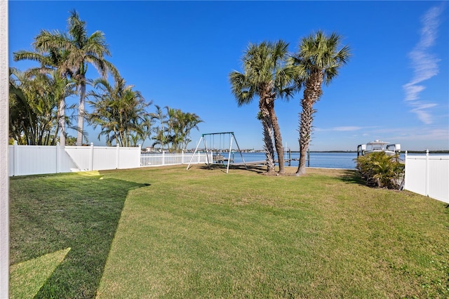 view of yard featuring a fenced backyard and a water view