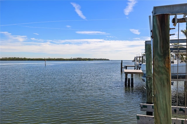 water view featuring boat lift and a dock