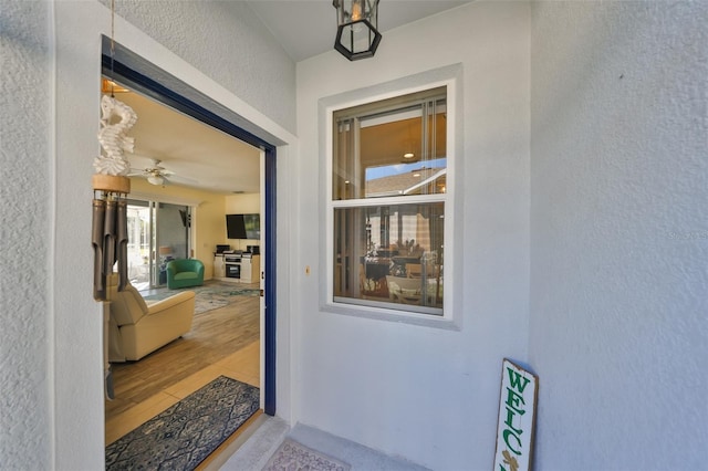 doorway to property with stucco siding