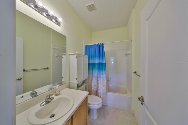 full bath with visible vents, toilet, tile patterned floors, shower / bath combo with shower curtain, and vanity