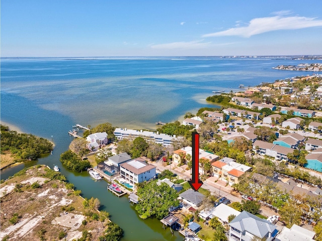 aerial view featuring a water view and a residential view