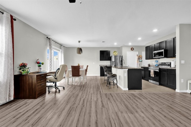 kitchen featuring an island with sink, light wood-style floors, stainless steel appliances, and dark cabinetry