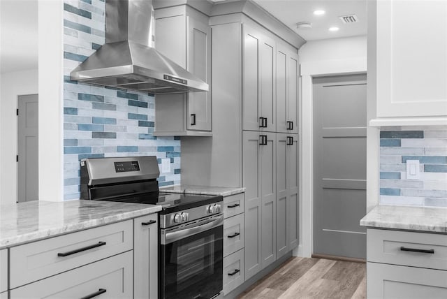 kitchen featuring electric stove, visible vents, backsplash, wall chimney range hood, and light wood-type flooring