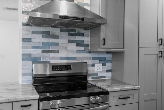 kitchen with backsplash, stainless steel range with electric cooktop, wall chimney range hood, and light stone countertops