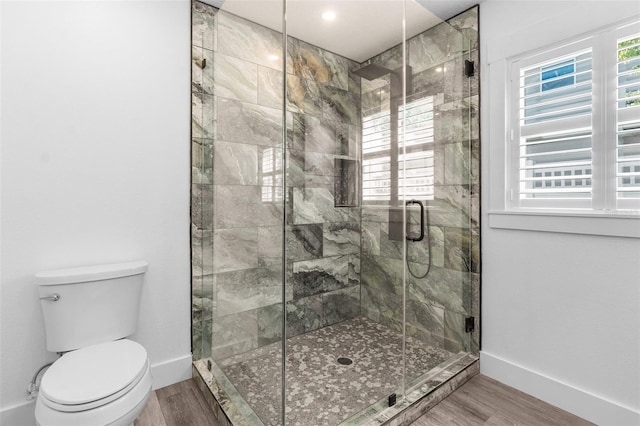 full bathroom featuring a stall shower, baseboards, and wood finished floors