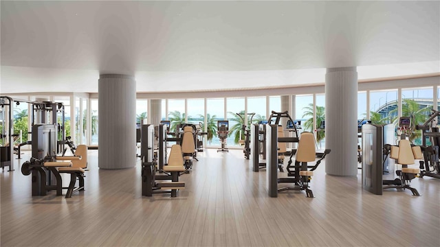 gym featuring wood finished floors, decorative columns, and a healthy amount of sunlight