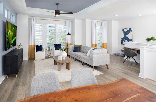 living room featuring a healthy amount of sunlight, light wood-style flooring, baseboards, and a raised ceiling