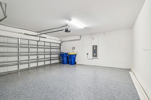 garage with electric panel, concrete block wall, and a garage door opener