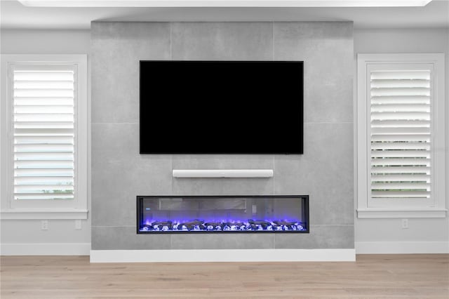 details featuring a glass covered fireplace, baseboards, and wood finished floors