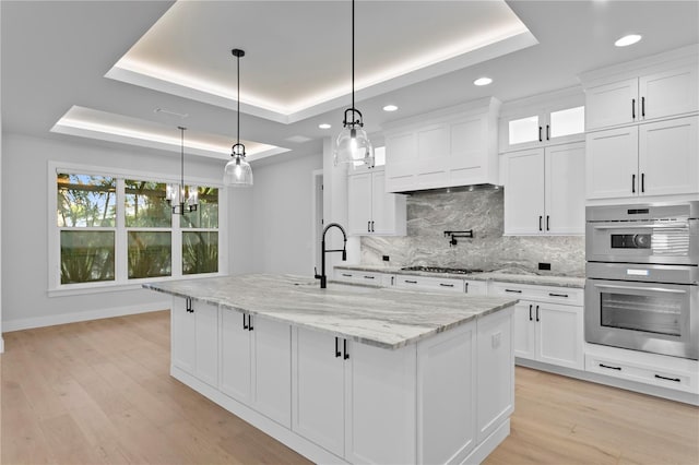 kitchen featuring a sink, appliances with stainless steel finishes, a raised ceiling, and light wood-style floors