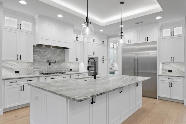 kitchen with white cabinets, glass insert cabinets, a tray ceiling, stainless steel appliances, and light wood-style floors