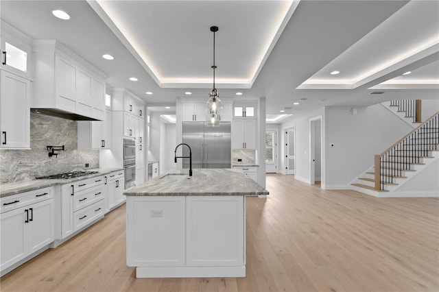 kitchen with light wood finished floors, stainless steel appliances, a raised ceiling, glass insert cabinets, and a sink