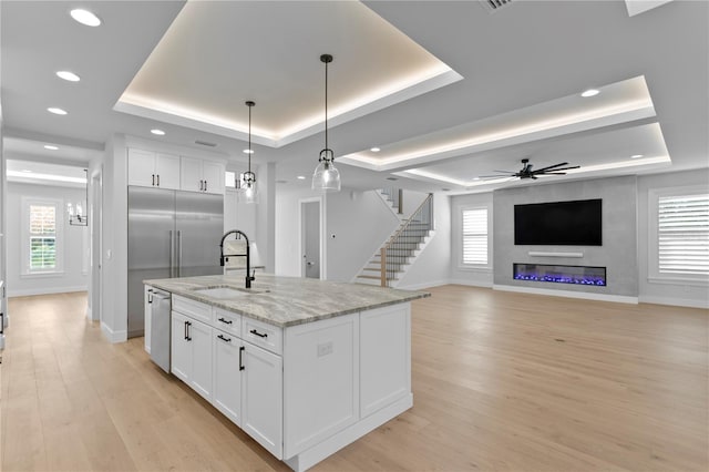 kitchen with a tray ceiling, a sink, light wood finished floors, and stainless steel dishwasher