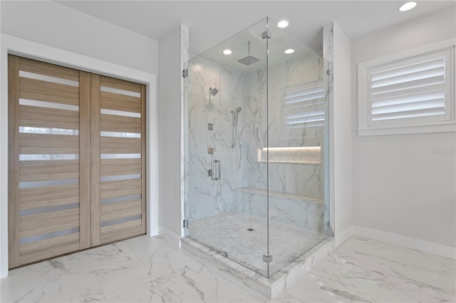 full bathroom with marble finish floor, recessed lighting, a marble finish shower, and baseboards