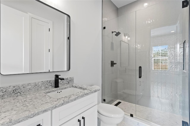 bathroom featuring vanity, a shower stall, and toilet