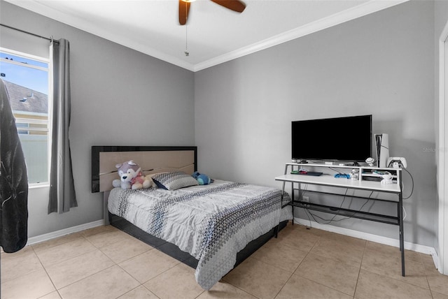 bedroom featuring baseboards, tile patterned flooring, a ceiling fan, and crown molding