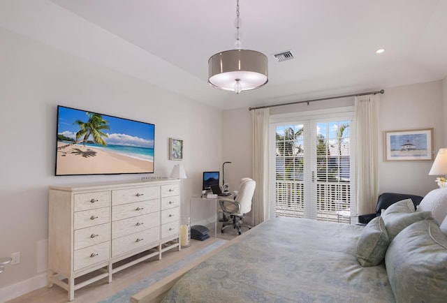 bedroom with access to exterior, recessed lighting, visible vents, light wood-type flooring, and baseboards