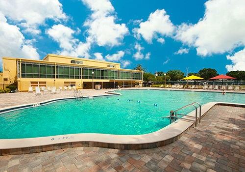 pool with a patio